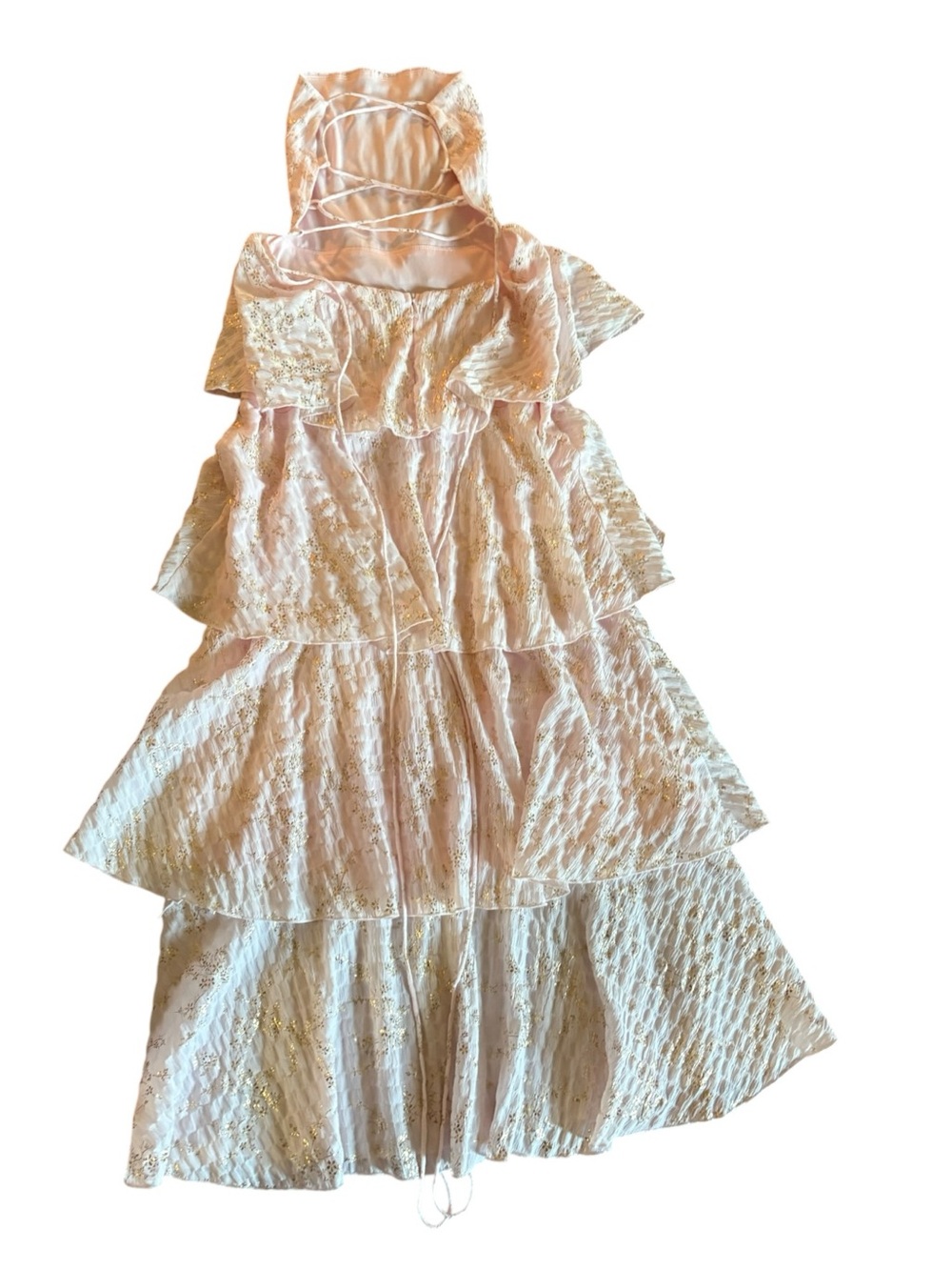 Lucy in the Sky Blush Metallic Floral Tiered Lace Up Back Maxi Dress Small - Picture 7 of 10